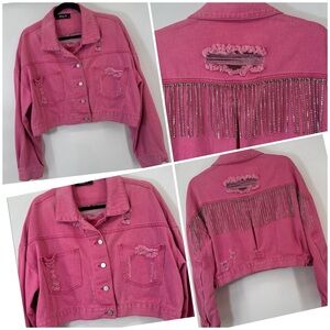 Blue B Womens Denim Jean Jacket Fringe Rhinestones Tassel Crop Women's Sz Small
